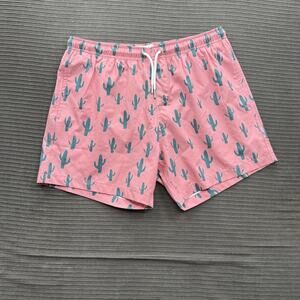 Bermies Swim Trunks Shorts Mens Medium Pink Cactus Print Recycled Polyester Mesh